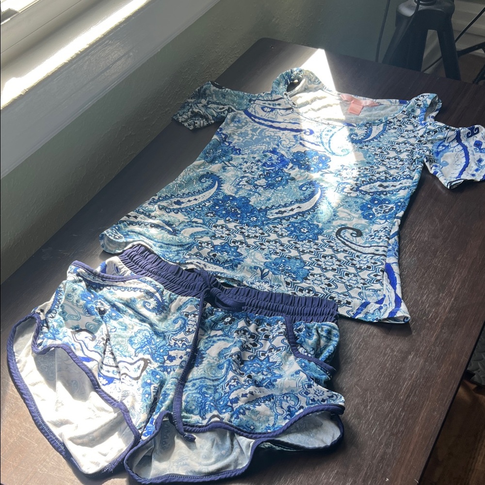 Blue Paisley Print Top and Shorts Lounge Set